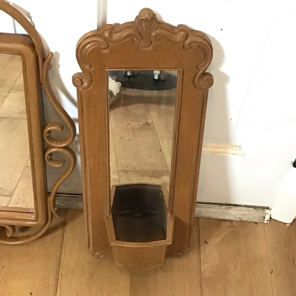 Vintage Homco Syroco Faux Wood Rattan Wall Mirrors Set Pocket Planter Shelf 1981